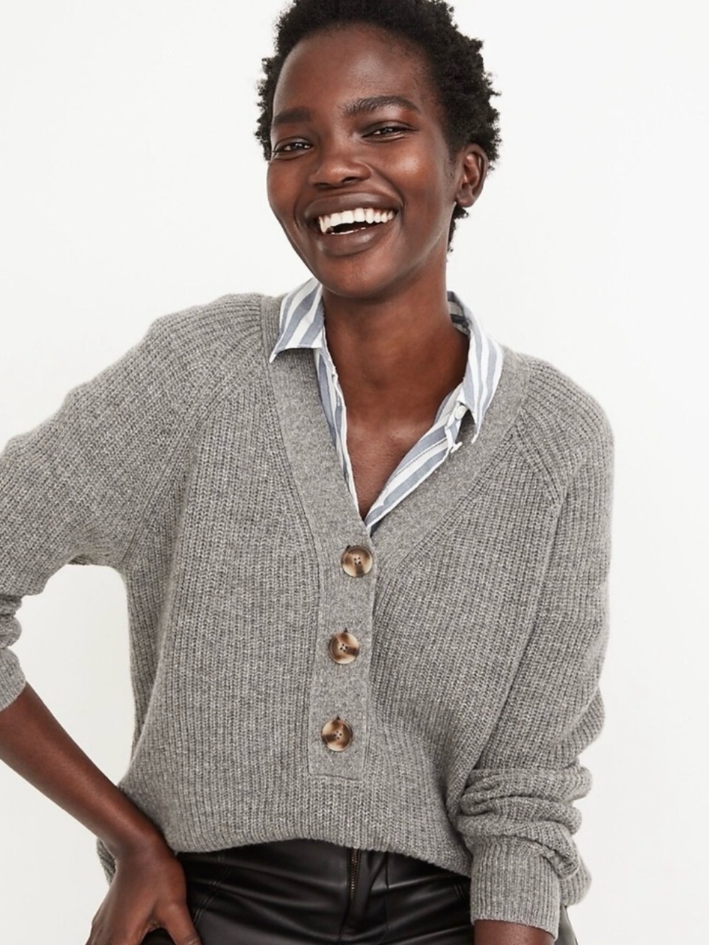 Madewell XS Merino Wool Lyle Rib Henley Sweater Gray Relaxed V Neck Pullover